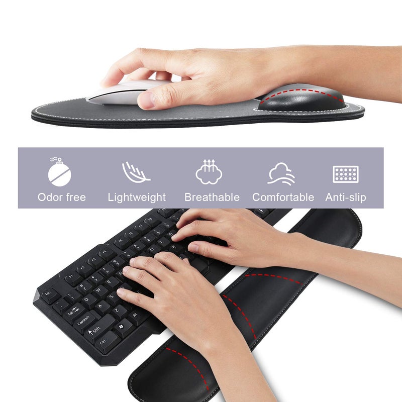 iVeze Mouse Pads with Wrist Support and Keyboard Wrist Rest Pad Set,Ergonomic PU Leather Mouse Pad for Laptop Computer,Non Slip Base Comfortable Mousepad Raised Memory Foam Easy Typing Pain Relief, Black - Image 3
